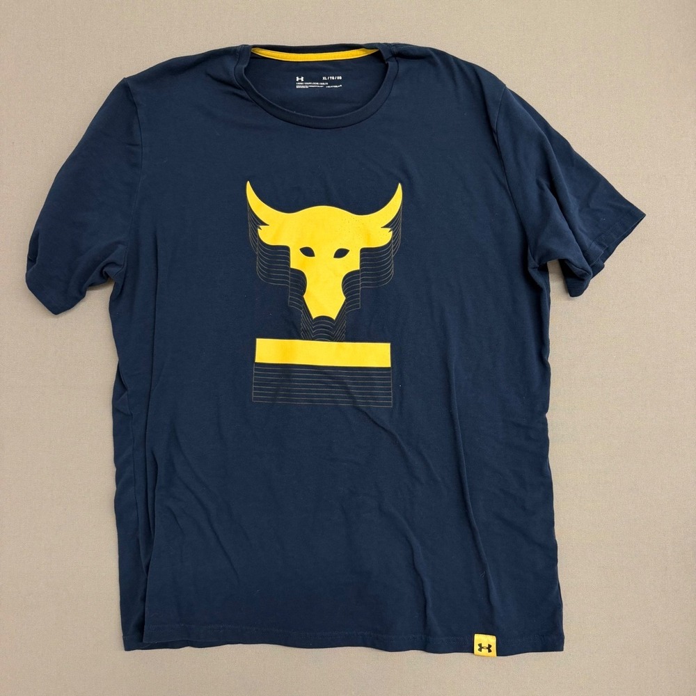Under Armour Project Rock Brahma Bull T-Shirt Mens XL Navy Blue Yellow HeatGear